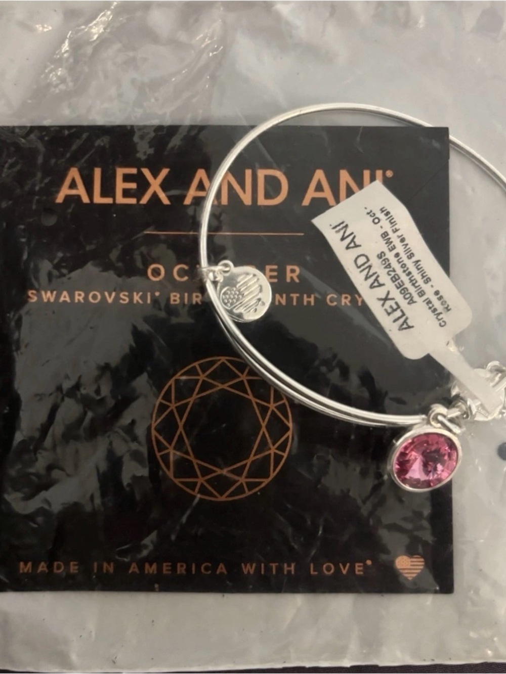 Alex and Ani OCTOBER BIRTHSTONE Silver Bangle with Pink Swarovski Charm